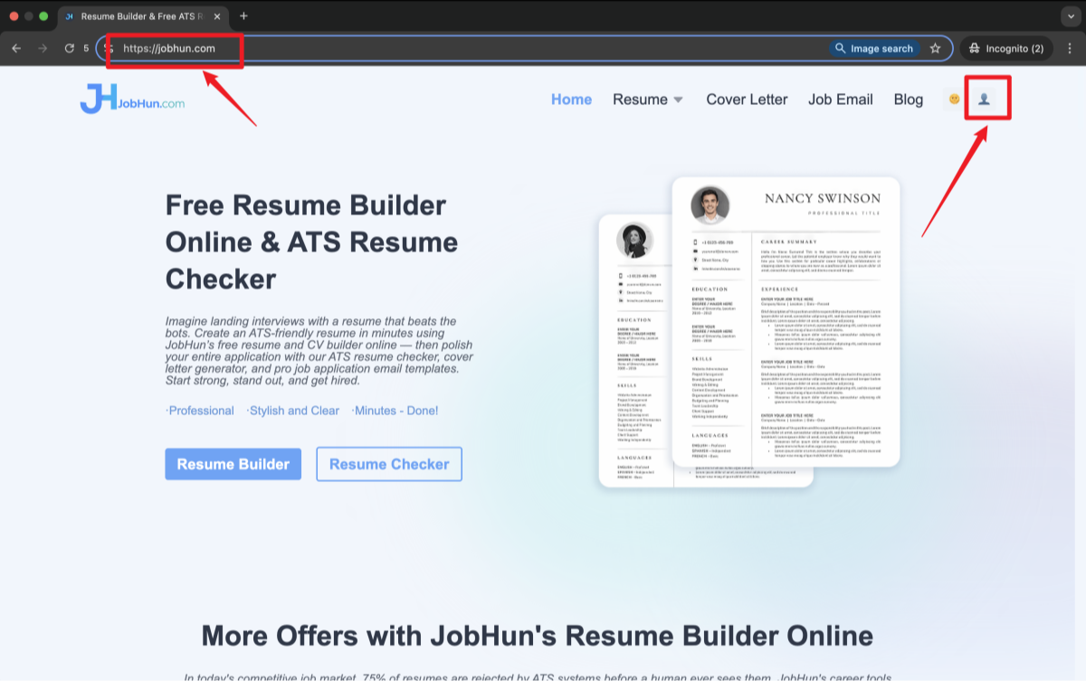 Step 1 - JobHun homepage with profile icon highlighted in the top-right corner | JobHun
