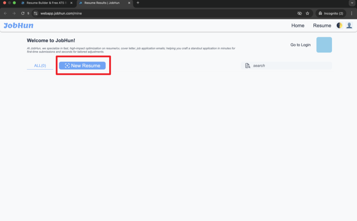 Step 2 - JobHun webapp page showing 'New Resume' and 'Go to Login' options for unsigned users | JobHun