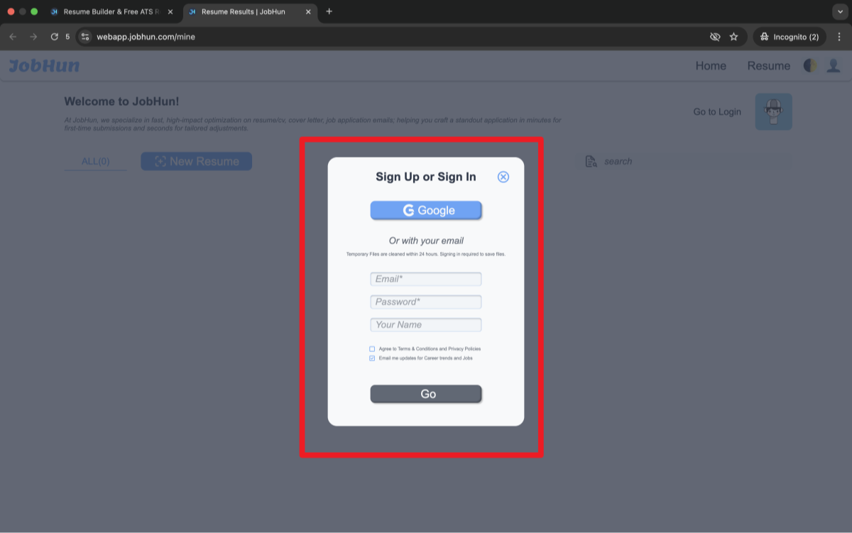 Step 3 - Sign-up and login screen with Google login and email/password fields to JobHun Webapp | JobHun