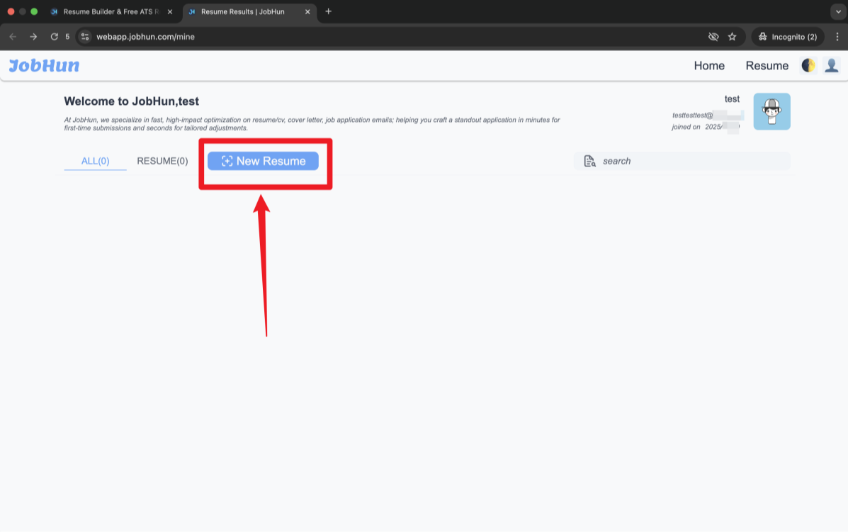 Step 4 - Logged-in JobHun dashboard view showing profile details and 'New Resume' button | JobHun