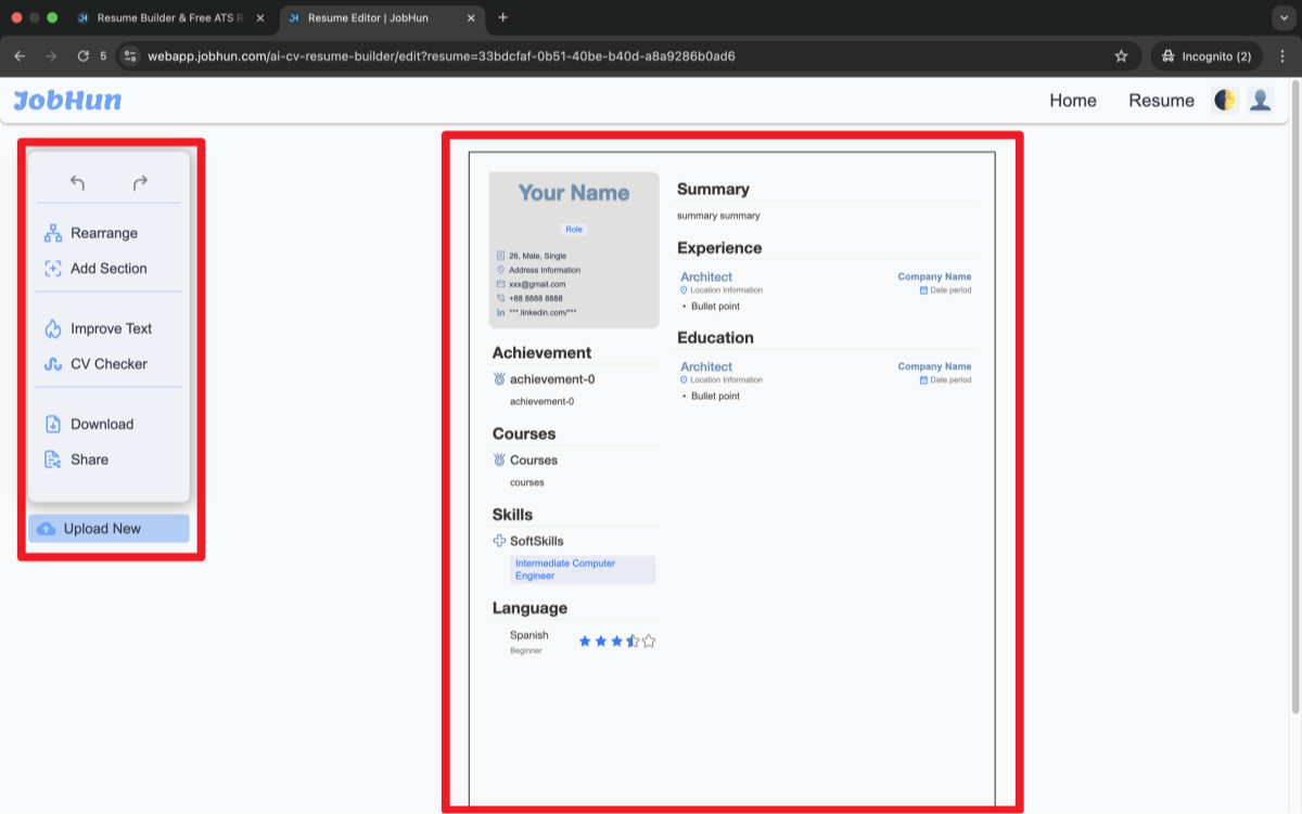 Step 5 - JobHun AI resume builder interface with left dashboard and right-side resume preview | JobHun