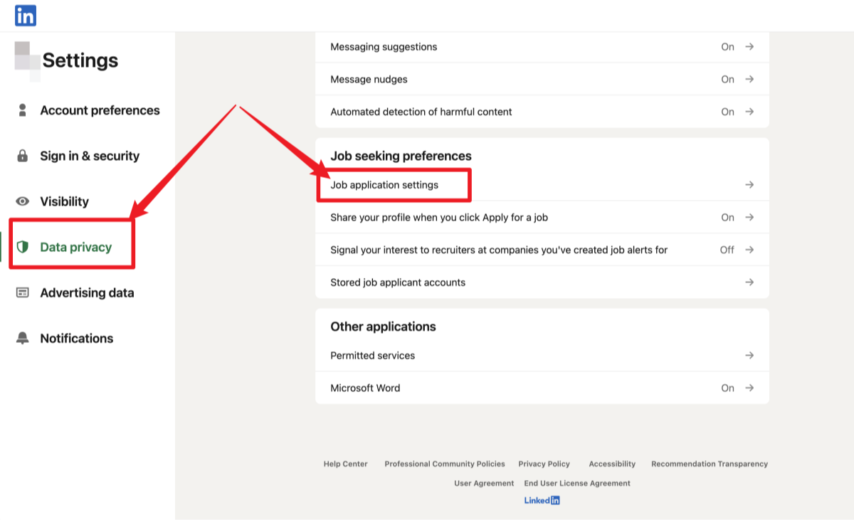 Linkedin data privacy and job application seetings | JobHun