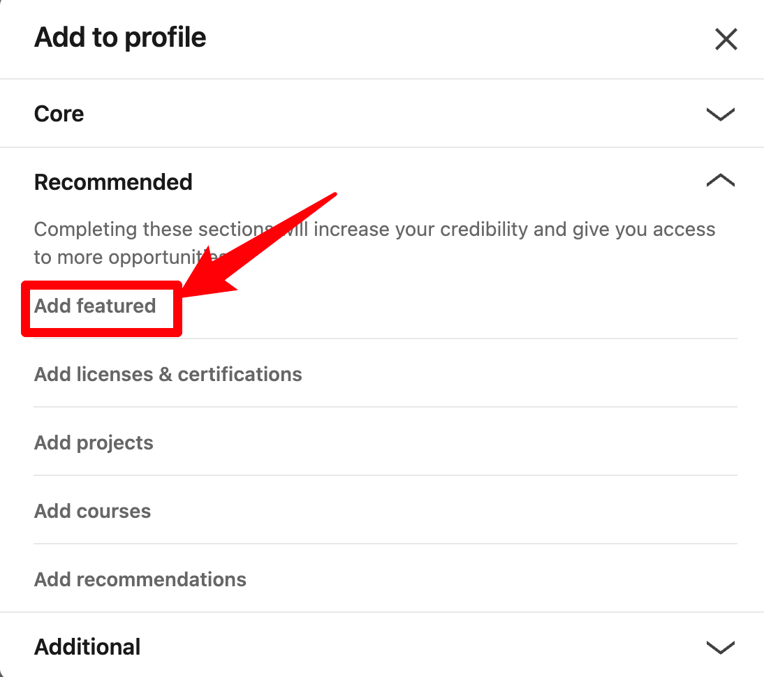Linkedin add profile section - add featured | JobHun