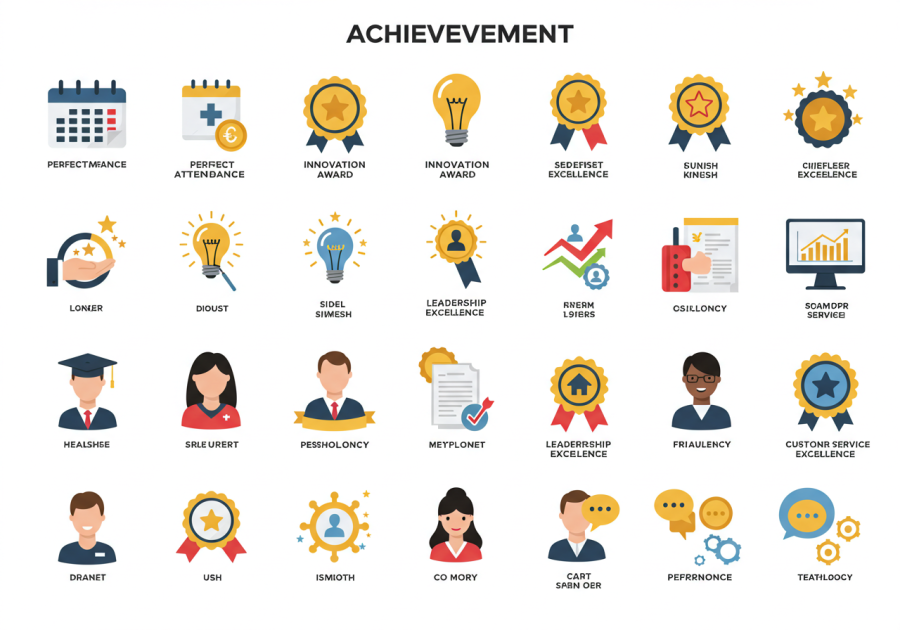 Flat icons representing achievements across different job roles