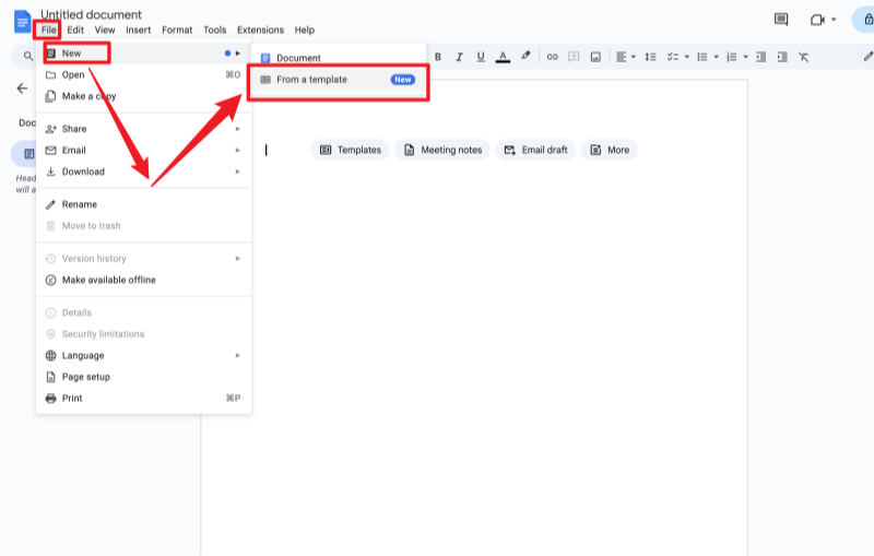Google Docs File-New-Templaye